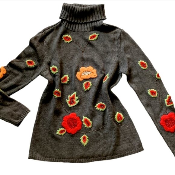 Vintage Carlisle Floral Embroidered Silk-Cashmere Turtleneck Sweater S #83B - Picture 2 of 9